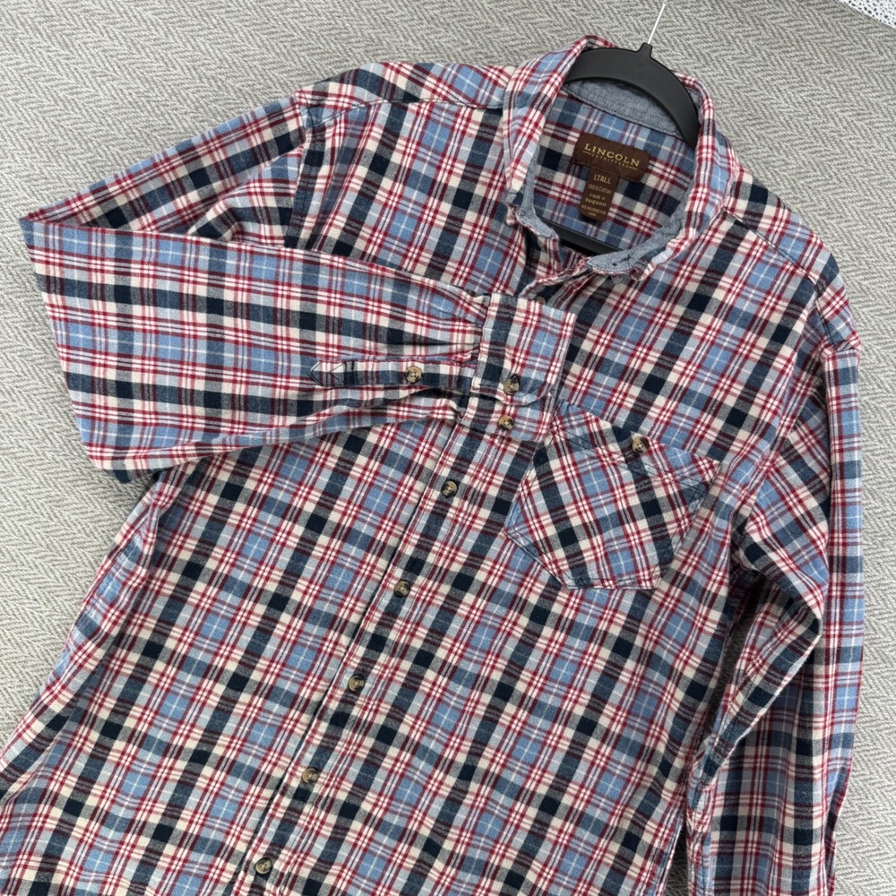 Lincoln Outfitters Flannel Shirt Large Tall Blue Red Cotton Plaid Button Down